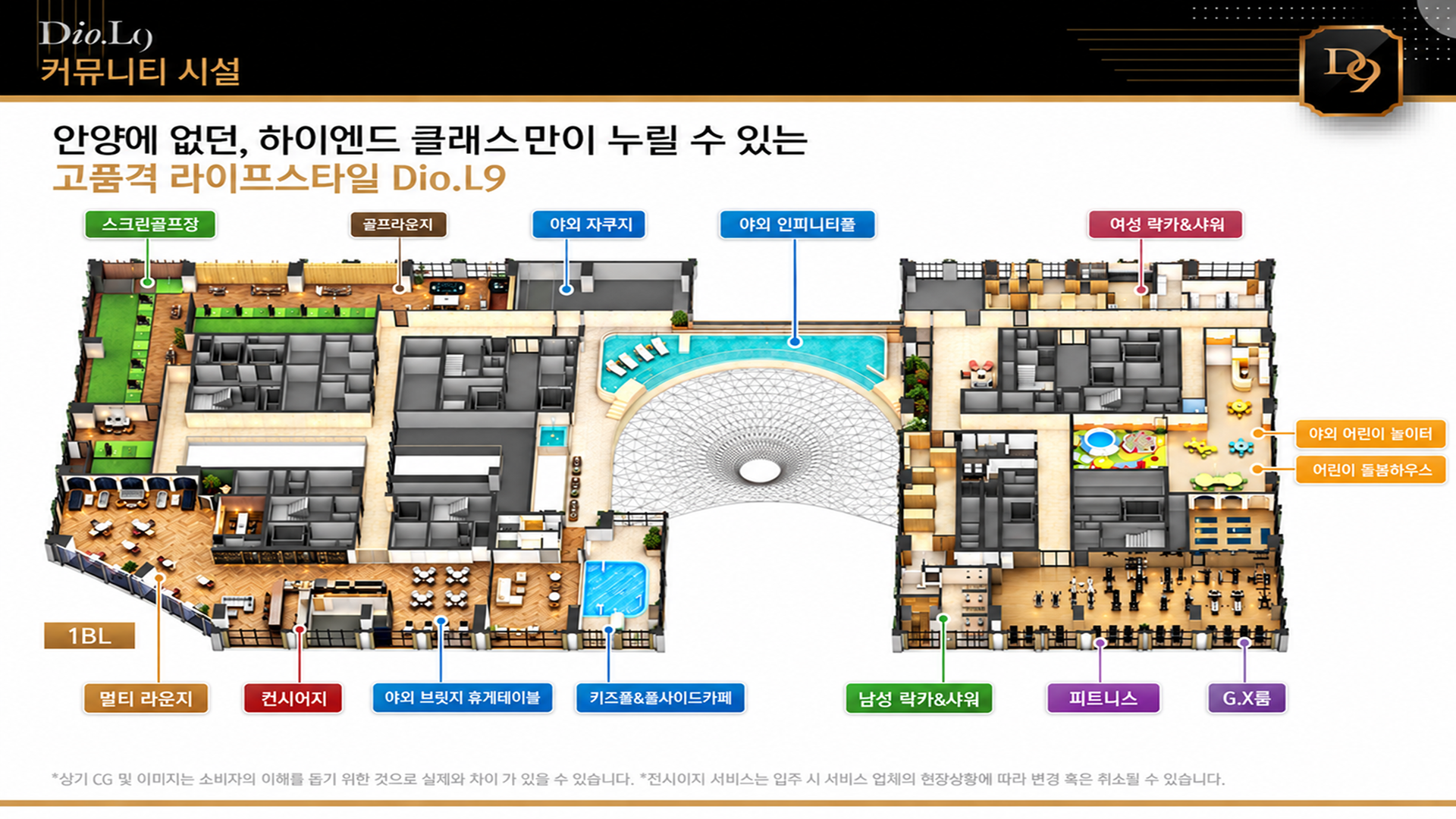 커뮤니티 배치도: 스크린골프장, 골프라운지, 야외 자쿠지, 야외 인피니티풀, 락커·샤워, 어린이 시설, 라운지, 브릿지 휴게테이블, 피트니스와 GX룸